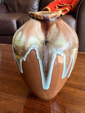 Vintage (Vietnam?) MCM Crackle Drip-Glaze Ceramic Vase in Brown and Cream